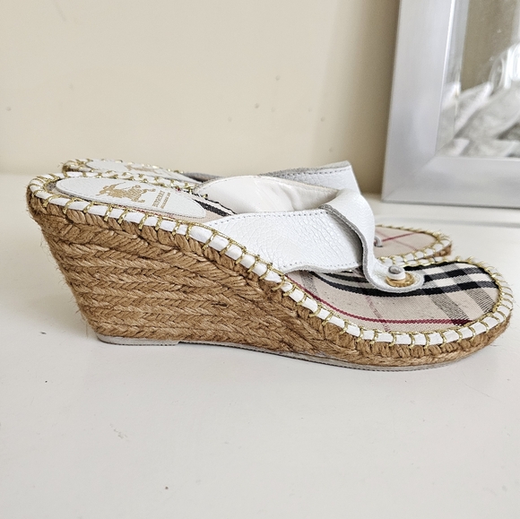 Burberry Nova Check Plaid White Leather Thong Espadrille Wedge Sandals. Size 40 - Picture 7 of 12
